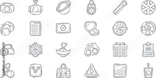 Hand Drawn Set Icons Space, Time, Travel, and Tools on White Background Sketch Style