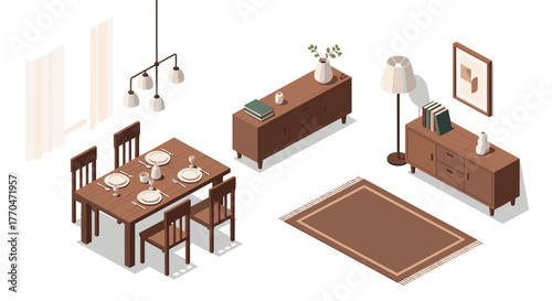 Modern minimalist dining room set with table chairs sideboard rug lamp and artwork creating an inviting, stylish home interior scene