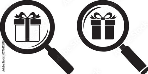 Magnifying glasses searching for gift boxes silhouette