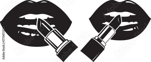 Two lips applying lipstick silhouette