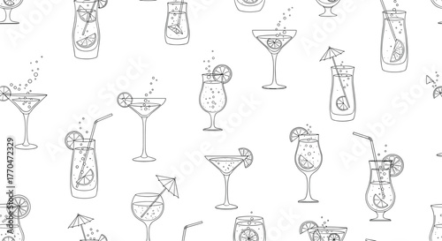 A seamless pattern featuring a variety of refreshing cocktails and mixed drinks in different glasses, drawn in a simple outline style on a clean white background.