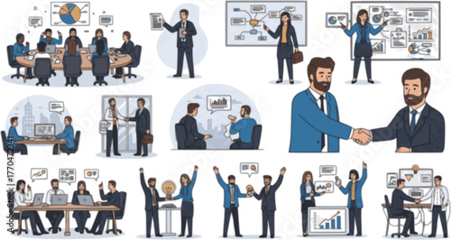 Businesspeople talking collection - Diverse groups of professional people communicating and interacting, with speech bubbles representing various conversations and discussions. Flat design vector