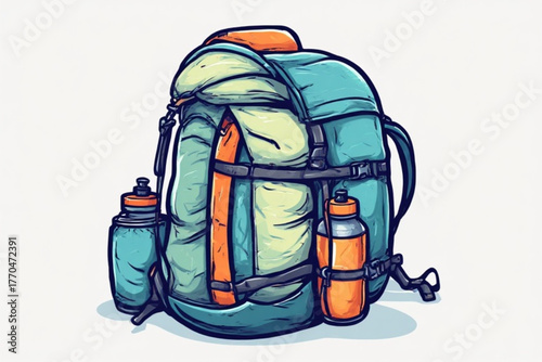 Colorful illustration of a fully packed hiking backpack with water bottles attached on the sides.