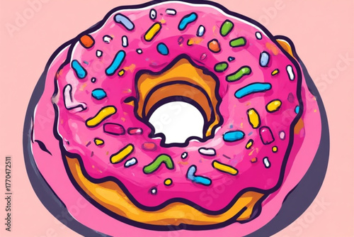Cartoon donut with pink frosting and colorful sprinkles on a light pink background.
