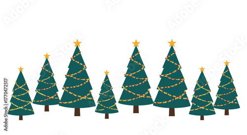A festive arrangement of various-sized green Christmas trees decorated with colorful lights and golden stars against a white background.