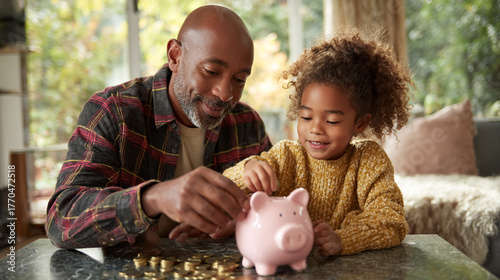 black father teaching his kid finance using piggy bank money saving concept