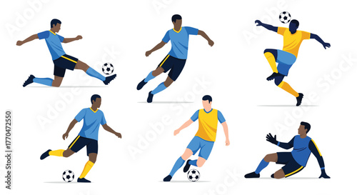 Dynamic soccer players showcasing athletic action and skillful moves on white background, perfect for sports promotions and designs