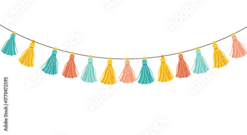 Colorful hand-drawn tassel garland featuring a playful mix of yellow, teal, and coral tassels hanging on a string, perfect for festive decorations.