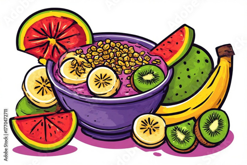 A vibrant illustration of a smoothie bowl overflowing with fresh, colorful fruits.