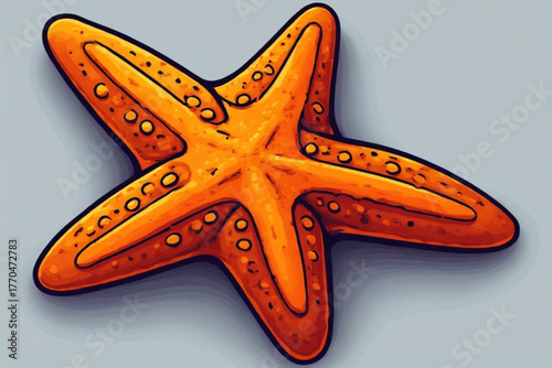 An orange starfish with dark brown edges and small bumps, casting a shadow on a gray surface.