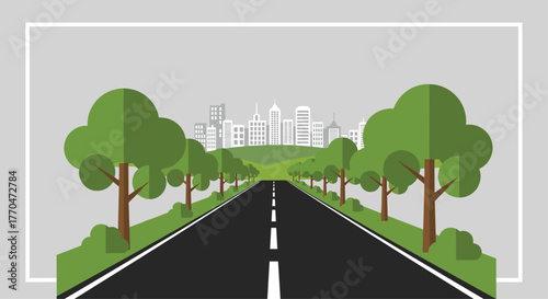 A journey towards urban progress, driving down a scenic highway lined with vibrant green trees leading to a modern cityscape