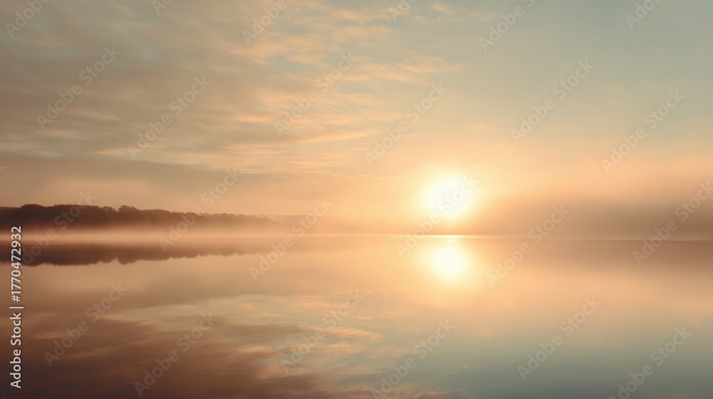 Fototapeta premium golden sunrise over calm lake, soft mist rising, pastel sky reflections, ultra minimalistic composition, tranquil and meditative atmosphere