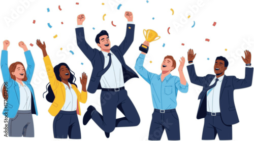 Business team achievement - Group of cheerful businesspeople celebrating award medal with confetti and smiling. Teamwork winners concept in flat design vector illustration with white background
