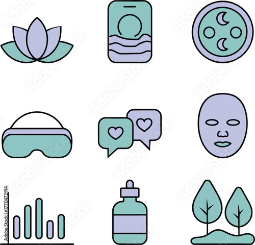 Lotus flower V R headset chat bubbles face mask trees bottle