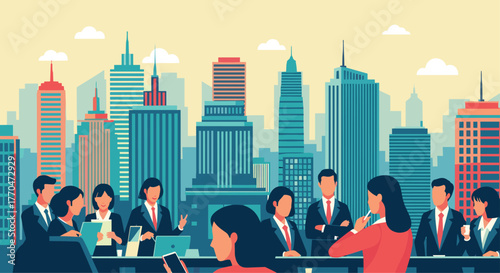 Diverse business professionals collaborating in modern city skyscrapers, fostering teamwork and innovation for global success