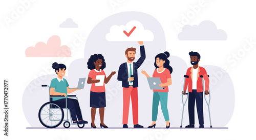 Diverse team celebrates inclusion and collaboration with cloud success symbol, promoting unity and teamwork in modern business