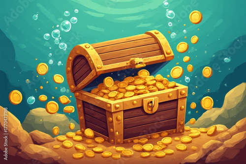 Open treasure chest filled with gold coins underwater, surrounded by bubbles and resting on the sandy ocean floor.