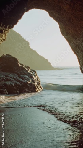 Secluded beach view through a natural arch at sunrise with soft waves lapping the shore