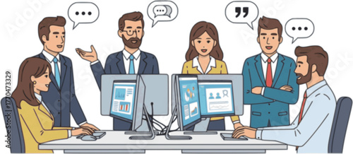 Businesspeople talking collection - Diverse groups of professional people communicating and interacting, with speech bubbles representing various conversations and discussions. Flat design vector