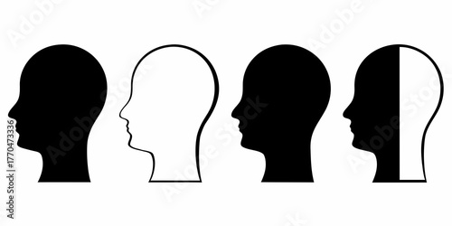 Four abstract human head silhouettes in profile two solid black one outline and one split black and white