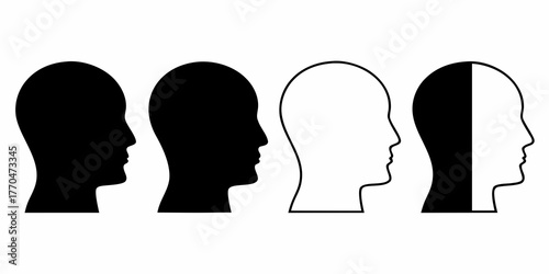 Four stylized human head profiles in silhouette and outline showing contrast and duality