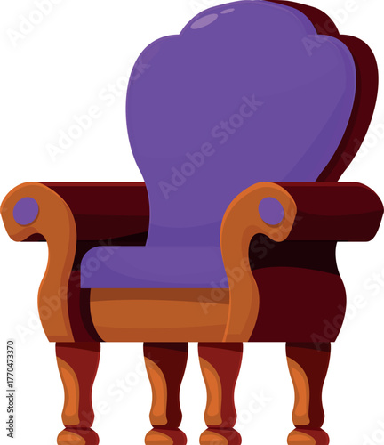 Cartoon illustration of a comfortable armchair with purple upholstery and elegant wooden frame