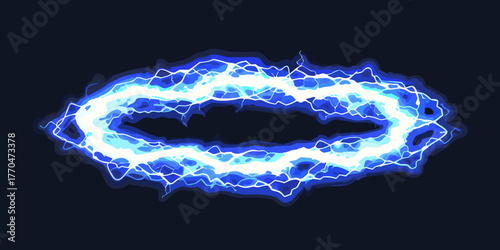 Abstract blue electric energy ring with glowing white lightning bolts on dark background