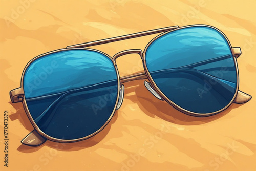 Aviator sunglasses with blue lenses resting on a textured yellow surface.