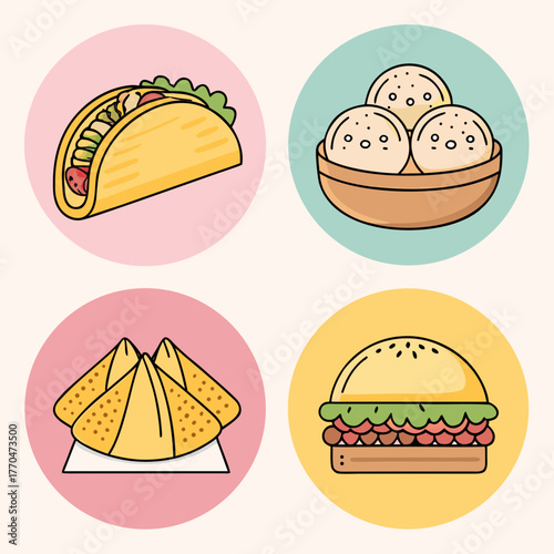 Fast Food and Street Food Icons Set. A collection of vector illustrations featuring a burger, taco, samosas, and dumplings in a colorful, flat design style.