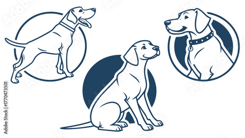 Illustration of three dogs in different poses with circular backgrounds in a simple line drawing style created with generated ai