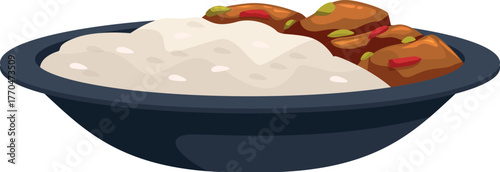 Chicken adobo, a flavorful filipino dish, served with a generous portion of steaming white rice on a simple plate