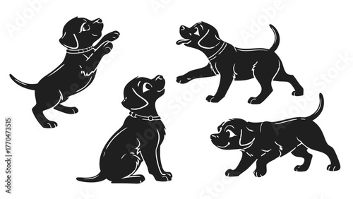 Four black labrador puppies in various poses, playing and sitting, with collars on a white background created with generated ai