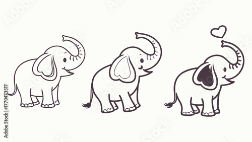 Three cartoon elephants with trunks raised one with a heart simple black and white line drawing style created with generated ai