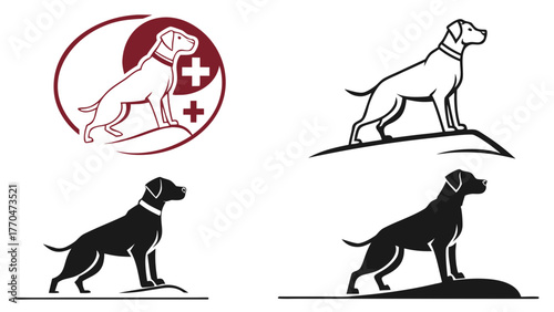 Four dog illustrations showing different styles and color schemes on a small hill or mound design created with generated ai