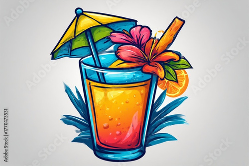 A vibrant cocktail with a decorative umbrella, flower, and citrus garnish, ready to enjoy.