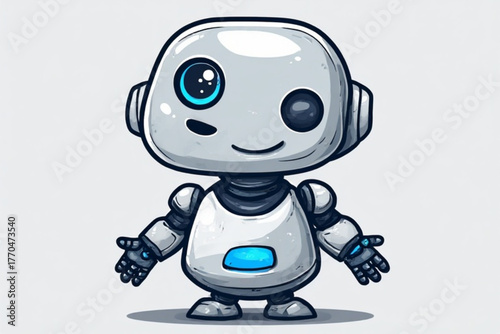 A charming cartoon robot with a cheerful expression and open arms, smiling.