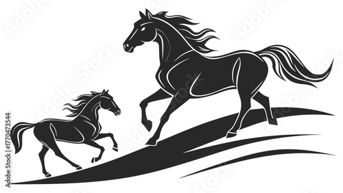 Silhouette of a mare and foal running freely across a stylized field with flowing manes and tails design created with generated ai