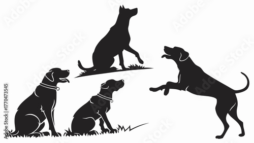 Silhouette illustration of five dogs in various poses against a white background outdoors scene created with generated ai