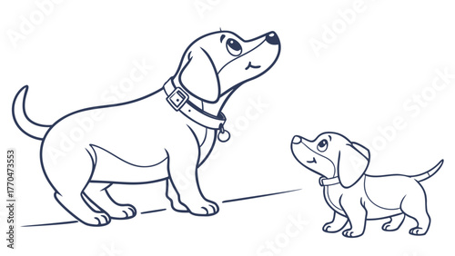 Two cartoon dogs with collars looking up at something in a simple line drawing on a white background created with generated ai