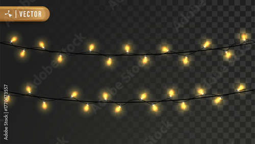 Warm yellow Christmas lights garland glowing on transparent background for decorative holiday border and New Year celebration design.
