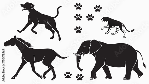Silhouette illustration of running dog horse elephant panther and paw prints on a white background created with generated ai