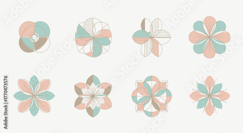 Eight abstract floral designs, each with unique petal arrangements in pastel colors of pink, beige, and teal.