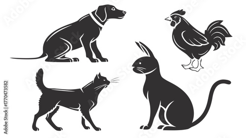 Illustration of four animals including a dog, cat, rabbit, and rooster in black silhouette style design created with generated ai