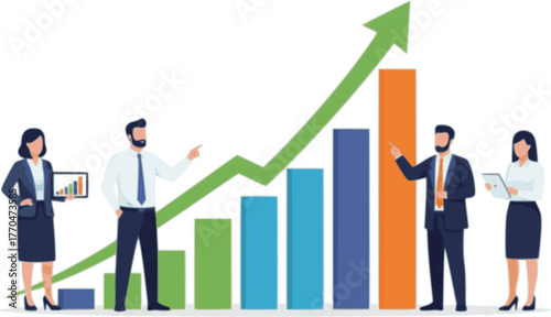 Successful business team of professional people stands together, with a large rising green arrow behind them symbolising growth and progress in a flat design vector illustration