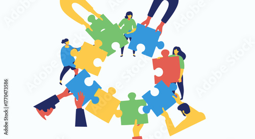 People collaborate to connect puzzle pieces in a circle, symbolizing teamwork and unity.