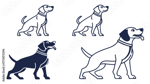 Illustration of four dogs in different poses and styles with collars on a white background art created with generated ai