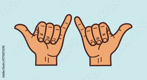 Two hands making the "shaka" sign, a gesture of friendship and understanding, against a light blue background.