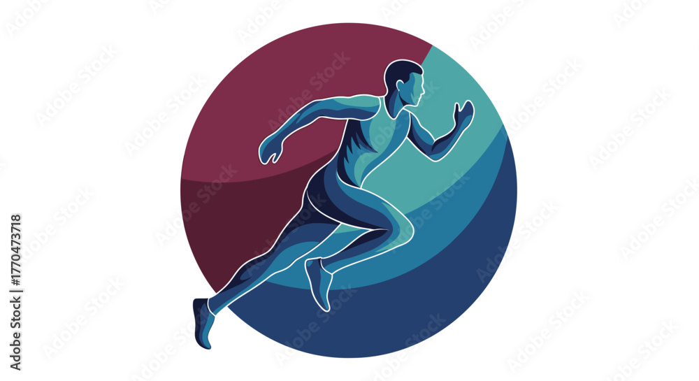 Obraz premium Illustration of a stylized runner in motion against a colorful circular background with shades of blue and purple.