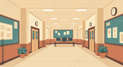 Bright and inviting school hallway decorated with plants and bulletin boards, perfect for educational content and back-to-school themes