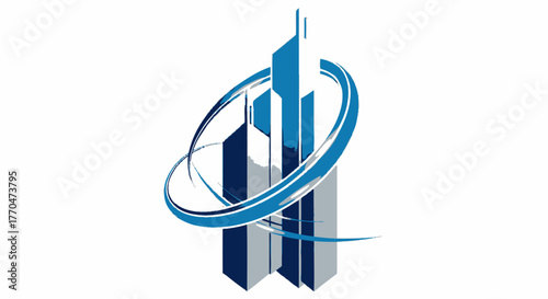 Abstract logo featuring stylized skyscrapers with a circular orbital element.